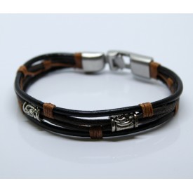 Bracelete Masculino em couro 4 partes com detalhes prata - cor: Marrom 