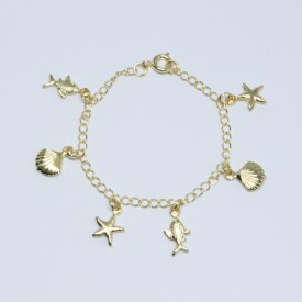 Pulseira dourada conchas, peixes e estrelas do mar